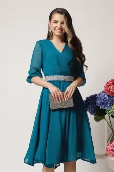Rochie DY Fashion eleganta din voal turcoaz cu fir stralucitor si cordon imagine
