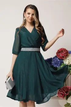 Rochie DY Fashion eleganta din voal verde inchis cu fir stralucitor si cordon imagine