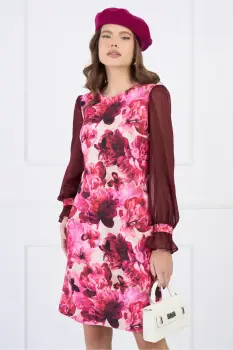 Rochie DY Fashion eleganta fucsia cu flori si maneci din voal bordo imagine