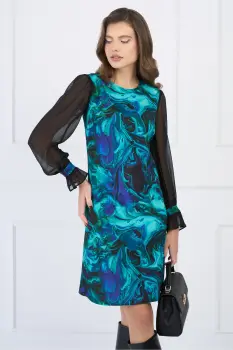 Rochie DY Fashion eleganta turcoaz cu imprimeu si maneci din voal negre imagine