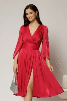 Rochie DY Fashion fucsia de ocazie din voal peliculizat cu maneci crapate imagine