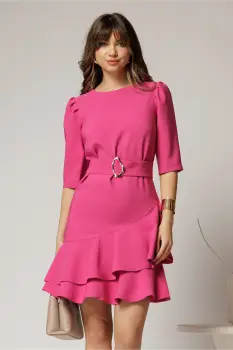 Rochie DY Fashion fucsia scurta cu volanase pe fusta si cordon detasabil imagine