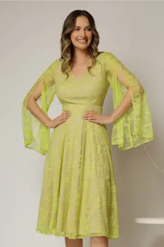 Rochie DY Fashion galben lime din dantela cu maneci lungi crapate si decolteu in V imagine