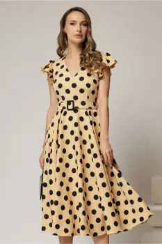 Rochie DY Fashion galben pai cu buline si curea in talie imagine