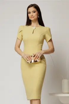 Rochie DY Fashion galben pal conica cu maneci scurte lalea si accesoriu la decolteu imagine