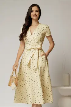 Rochie DY Fashion galbena cu buline cu decolteu petrecut si cordon in talie imagine
