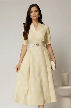 Rochie DY Fashion galbena cu buline cu decolteu si maneci petrecute imagine