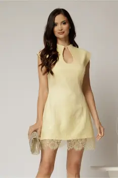 Rochie DY Fashion galbena cu decolteu adanc rotund si dantela pe fusta imagine