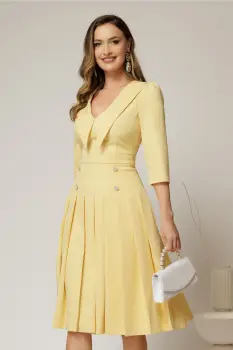 Rochie DY Fashion galbena cu decolteu cu guler ascutit si fusta plisata imagine