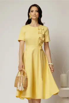 Rochie DY Fashion galbena cu funde pe bust si maneci scurte imagine