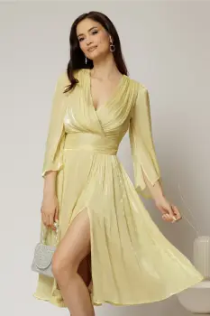 Rochie DY Fashion galbena de ocazie din voal peliculizat cu maneci crapate imagine
