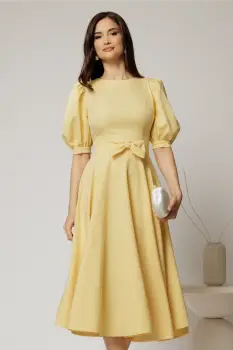 Rochie DY Fashion galbena din stofa in clos cu funda in talie imagine