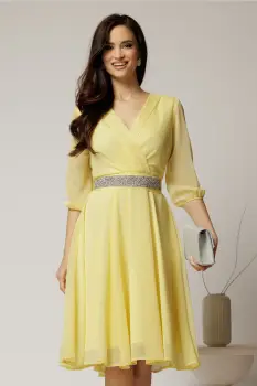 Rochie Dy Fashion galbena din voal cu fir stralucitor si cordon imagine