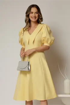 Rochie DY Fashion galbena in clini cu guler ascutit si maneci scurte bufante imagine