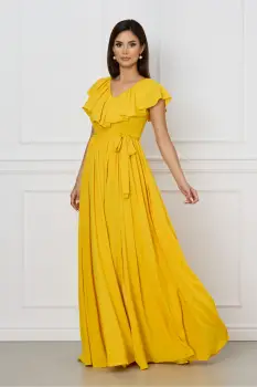 Rochie Dy Fashion galbena lunga cu volan la bust si cordon in talie imagine