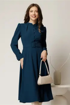 Rochie DY Fashion indiggo din triplu voal cu nasturi pe bust si curea in talie imagine