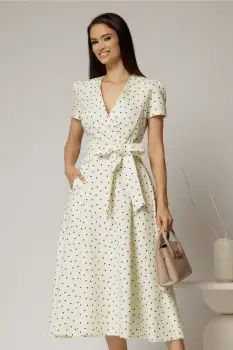 Rochie DY Fashion ivoar cu buline cu decolteu petrecut si cordon in talie imagine