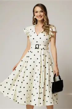 Rochie DY Fashion ivoar cu buline si curea in talie imagine