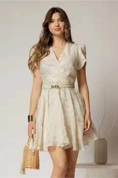 Rochie DY Fashion ivoar scurta cu broderii florale si decolteu petrecut imagine