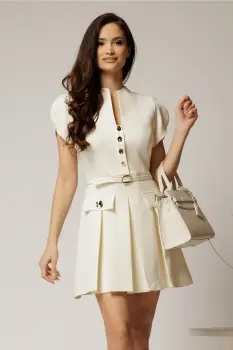 Rochie DY Fashion ivoar scurta cu pliuri pe fusta si nasturi pe bust imagine