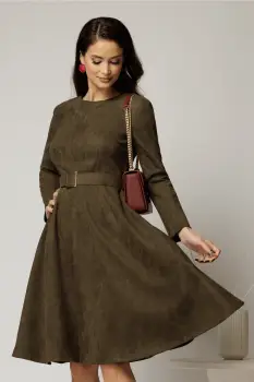 Rochie DY Fashion kaki clos din piele intoarsa si curea in talie imagine