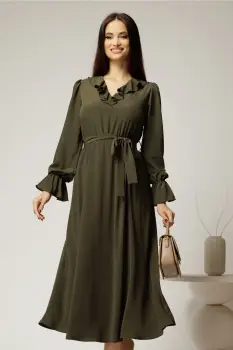 Rochie DY Fashion kaki din voal plin cu decolteu in V si volanase imagine