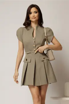 Rochie DY Fashion kaki scurta cu pliuri pe fusta si nasturi pe bust imagine