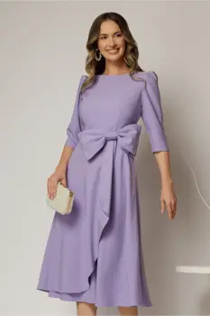 Rochie DY Fashion lila cu funda ampla in talie decolteu rotund maneci trei sferturi imagine