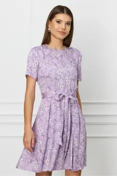 Rochie Dy Fashion lila cu imprimeu floral alb si cordon in talie imagine