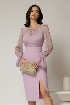 Rochie DY Fashion lila cu maneci lungi din voal cu croi mulat imagine
