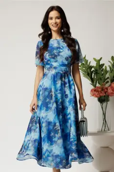 Rochie DY Fashion lunga albastra cu imprimeu floral din voal in croi clos imagine