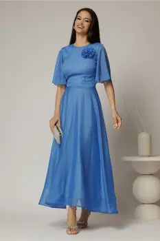 Rochie DY Fashion lunga albastra din voal cu fir lurex in clos cu accesoriu la bust imagine