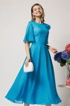 Rochie DY Fashion lunga albastra din voal in clos cu accesoriu la bust imagine