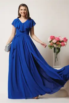 Rochie DY Fashion lunga albastra in clos din voal cu volanas la bust si crapatura pe picior imagine