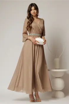 Rochie DY Fashion lunga bej din voal cu fir lurex imagine