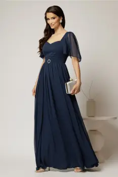 Rochie DY Fashion lunga bleumarin de seara din voal cu decolteu inima imagine