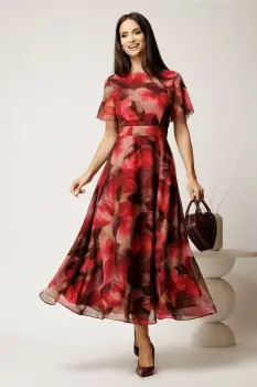 Rochie DY Fashion lunga bordo cu imprimeu din voal in croi clos imagine
