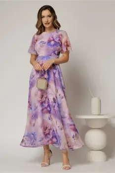 Rochie DY Fashion lunga cu imprimeu lila din voal creponat cu rijelina imagine