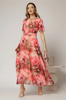 Rochie DY Fashion lunga cu imprimeu rosu zmeura din voal creponat cu rijelina imagine