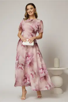 Rochie DY Fashion lunga cu imprimeu roz din voal creponat cu rijelina imagine