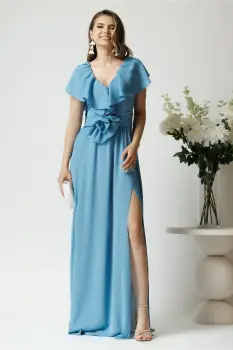 Rochie DY Fashion lunga eleganta din voal bleu cu floare in talie si volan la bust imagine