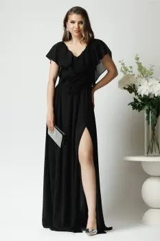 Rochie DY Fashion lunga eleganta din voal neagra cu floare in talie si volan la bust imagine
