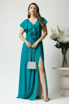 Rochie DY Fashion lunga eleganta din voal verde cu floare in talie si volan la bust imagine