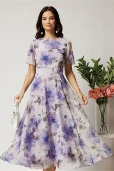 Rochie DY Fashion lunga lila cu imprimeu floral din voal in croi clos imagine