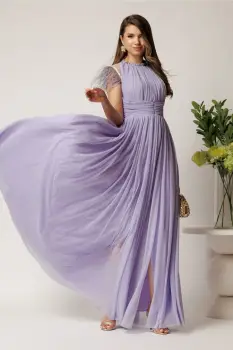 Rochie DY Fashion lunga lila din tull fin cu pene la umeri imagine