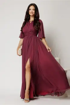 Rochie DY Fashion lunga magenta din voal in clos cu crapatura pe picior imagine