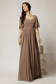 Rochie DY Fashion lunga maro de seara din voal cu decolteu inima imagine