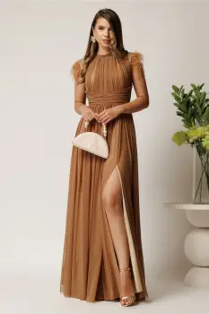 Rochie DY Fashion lunga maro din tull fin cu pene la umeri imagine