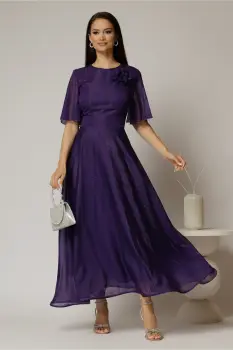 Rochie DY Fashion lunga mov din voal cu fir lurex in clos cu accesoriu la bust imagine