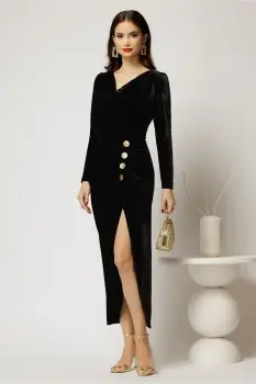 Rochie DY Fashion lunga neagra din catifea cu slit si nasturi decorativi imagine